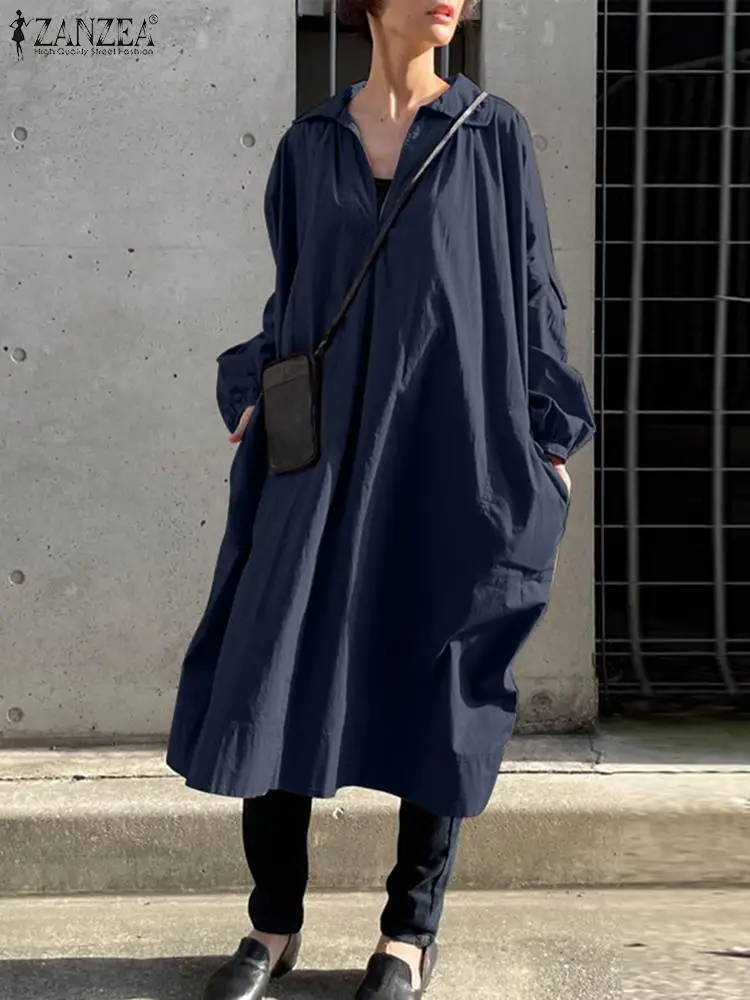 

Платье ZANZEA женское однотонное с пышными длинными рукавами, элегантный повседневный праздничный миди сарафан с лацканами и карманами, на ве...