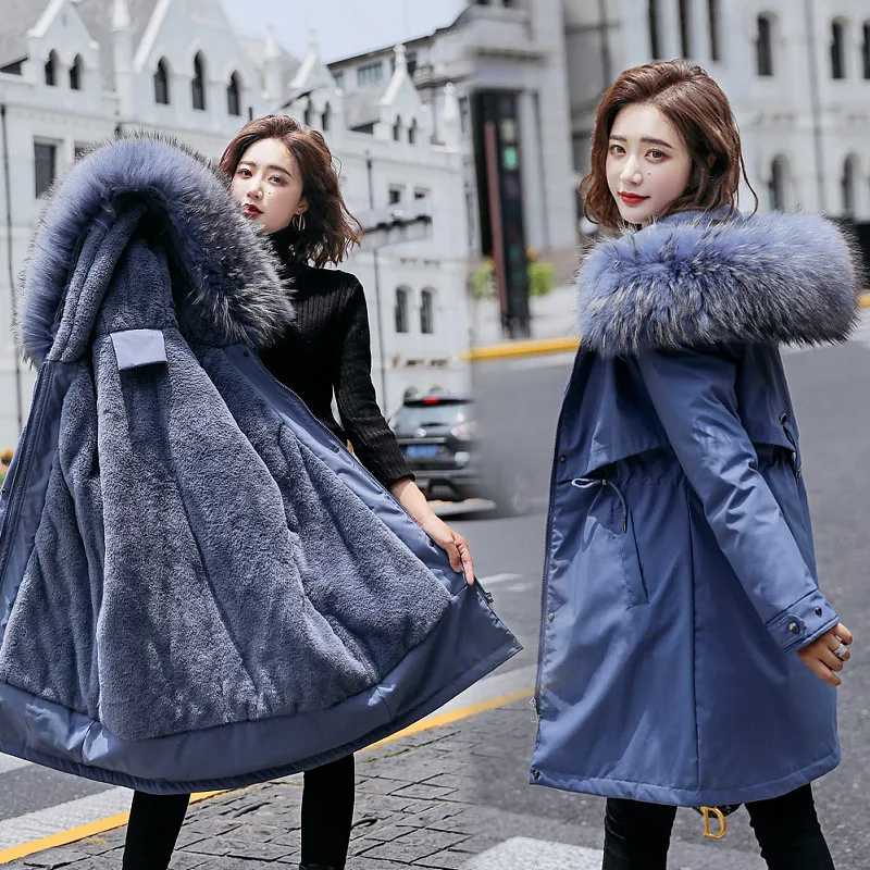 Ins big hair collar in the long style to overcome women's winter new Korean version of slim plush inner down cotton jacket