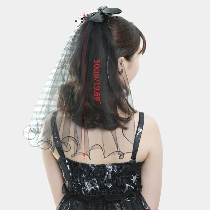 

1 Tier Wedding Bridal Veil with Plastic Comb Curly Edges Ribbon Bow Black Tulle Veil for Bride Bridesmaid Short Length