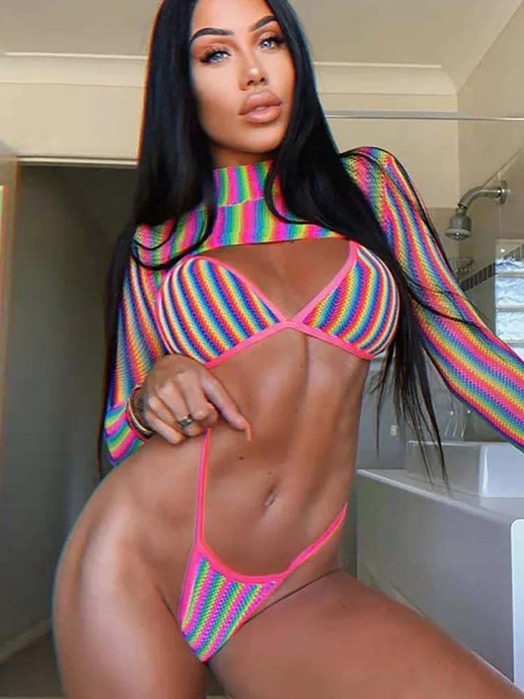 

Соблазнительное бикини в полоску, комплект женского бикини с длинными рукавами, женский купальник из 3 предметов, облегающий треугольный ку...