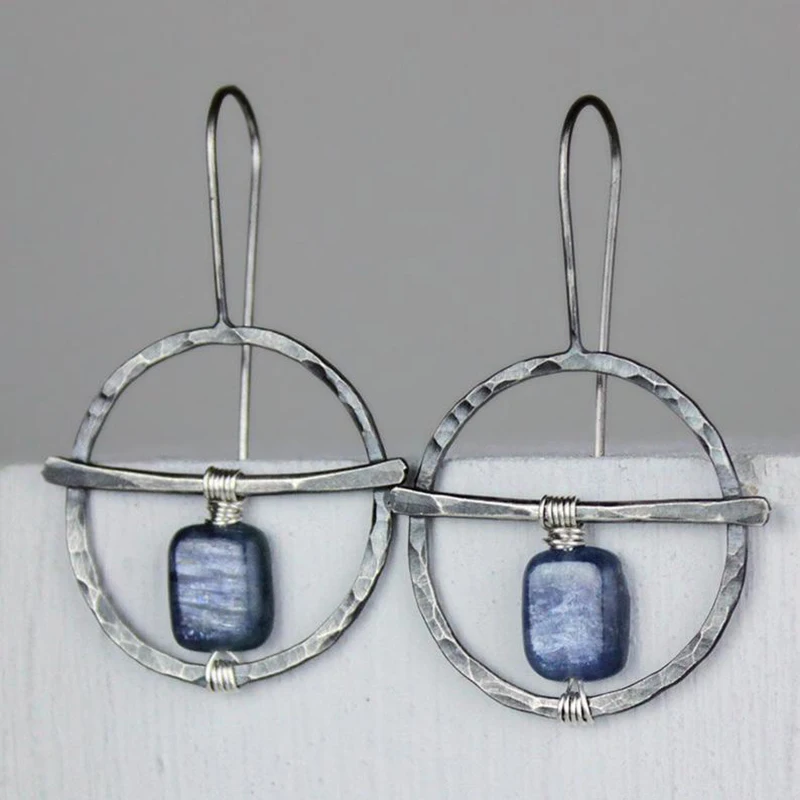 

Vintage Hand Winding Natural Stone Dangle Earrings For Women Personality Large Silver Color Hoop Earrings Femme Jewelry