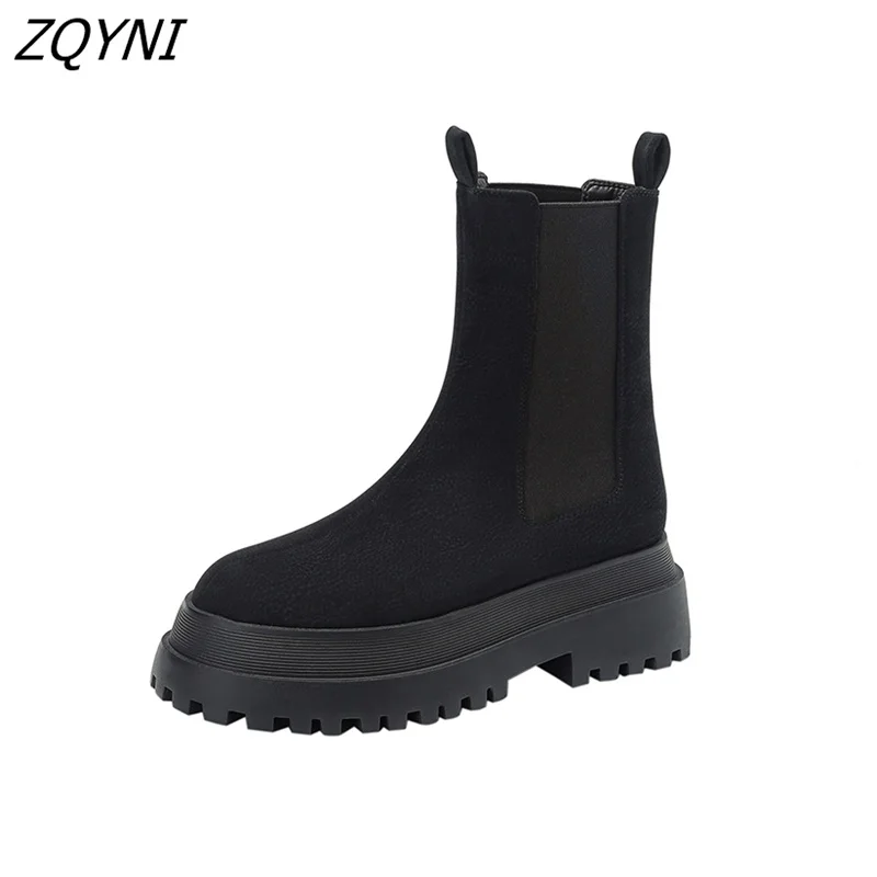 

Zqyni thick soled women's boots sheep suede one-step boots fashion simple punk style black and apricot 2022 NEW