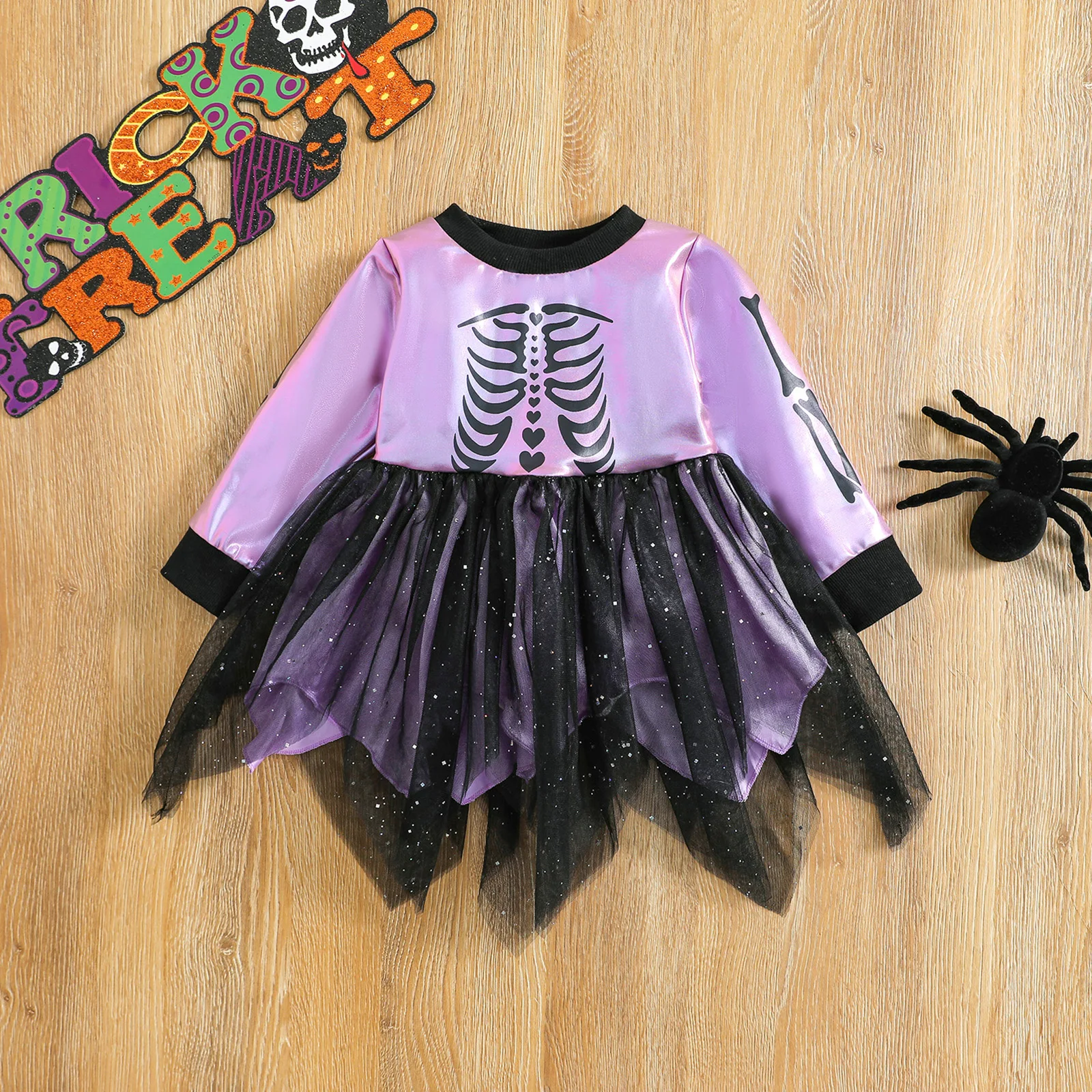

TR New Autumn Halloween Kids Toddler Girls Patchwork Dress Long Sleeve Print Irregular Tulle Hem Dress Clothes