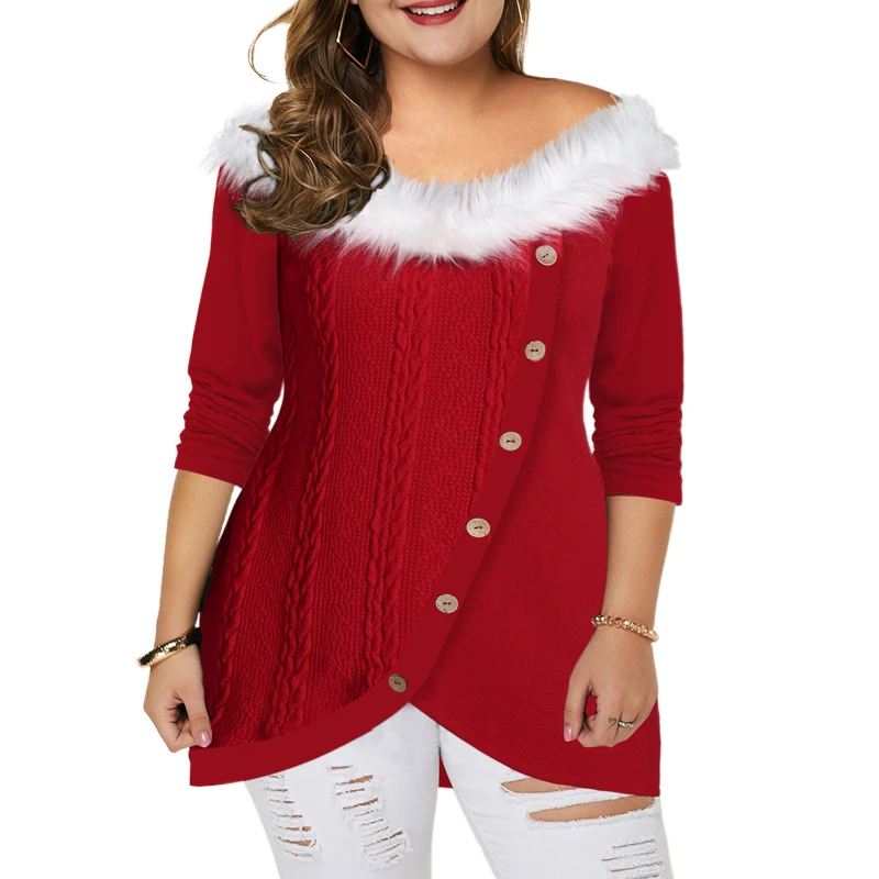 

Knitted Plus Size Pullovers Women Christmas Jumper Fur Slash Neck Warm Sweater Knitwear 2022 Winter Buttoned Irregular Tunic Top