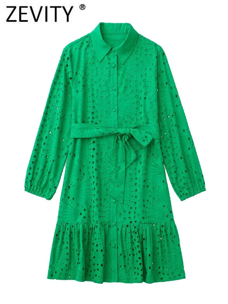 

Zevity Women Fashion Hollow Out Embroidery Hem Pleat Ruffles Green Shirt Dress Female Chic Bow Sashes Business Vestidos DS833