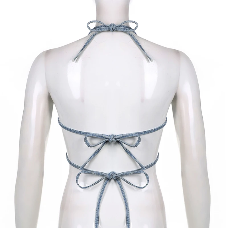 Женский укороченный топ с бабочками голубой Пляжный открытой спиной на бретелях