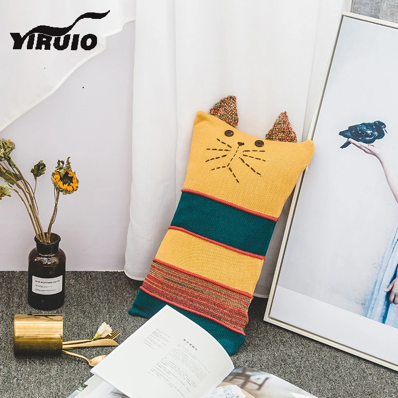 

YIRUIO Kawaii разноцветная Подушка с котом чехол милые большие уши мягкие хлопковые декоративные наволочки пушистые Изящные вязаные наволочки
