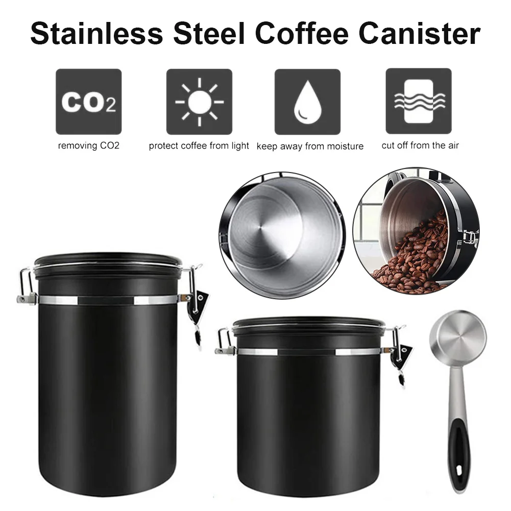 

Stainless Steel Coffee Canister Airtight Ground And Bean Storage Container Coffee Jar With Date Traker Co2 Valve Measuring Scoop