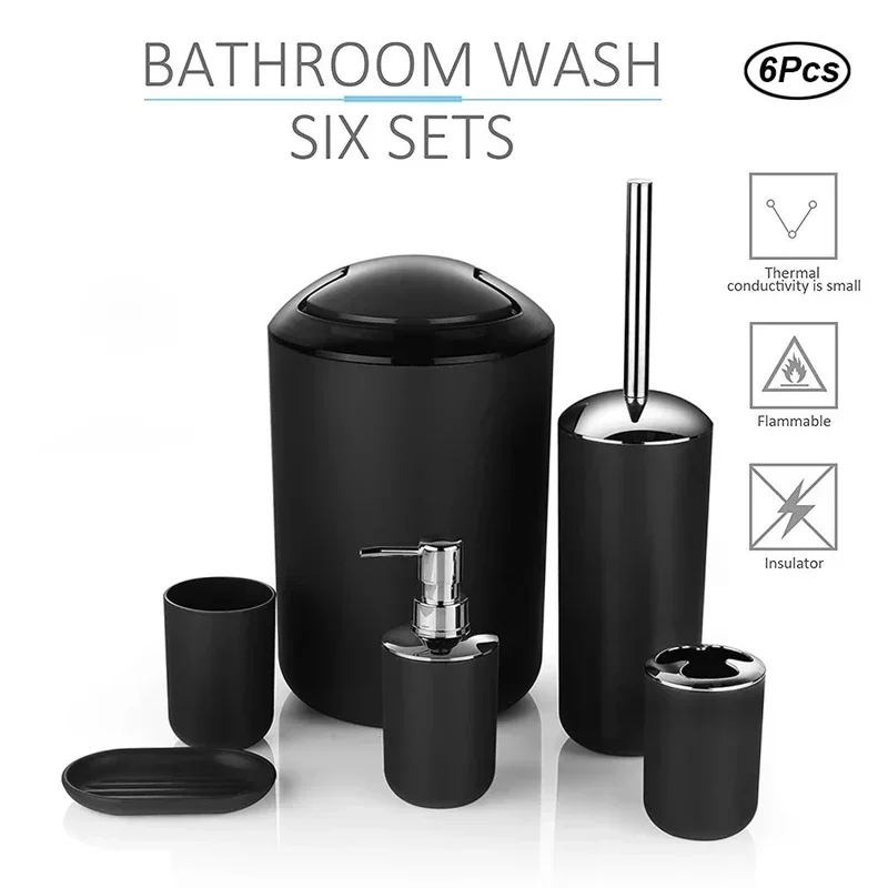 

6Pcs/Set Luxury Bathroom Accessories Plastic Toothbrush Holder Cup Soap Dispenser Dish Toilet Brush Holder Trash Can Set