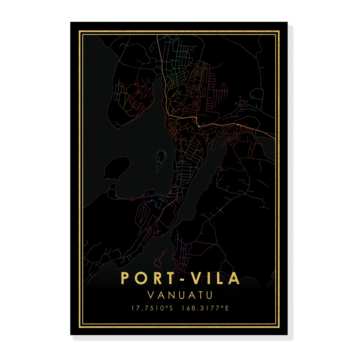 

Порт-Вила, золотые дороги, радужная Карта города, печатный плакат Вануату, холст, настенное искусство, черные картины для гостиной