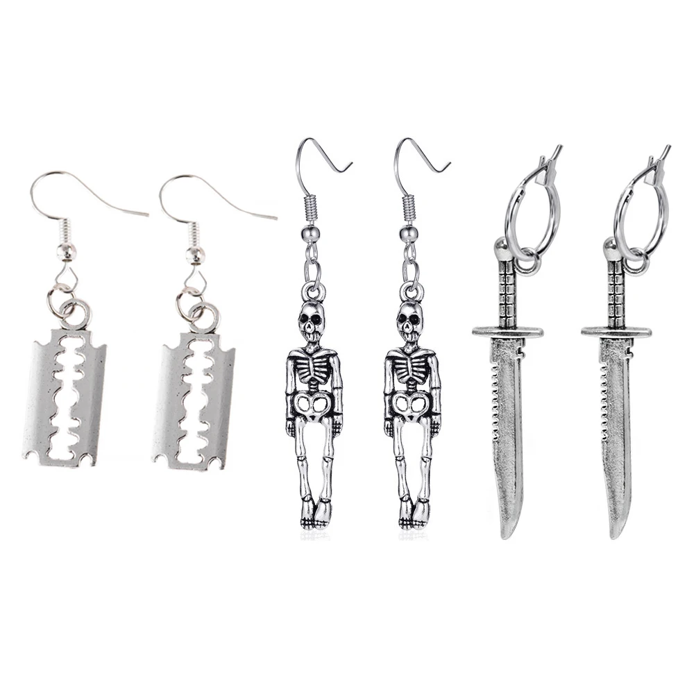 

3Pair/Set Fashion Punk Skeleton Blade Drop Earrings Sliver Color Retro Small Dangle Earrings Sets Statement Jewelry