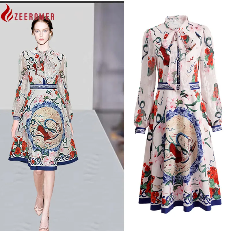 

2022 New Arrivals Fashion Runway Spring Summer Vintage Dress Women's Elegant Bow Collar Lantern Sleeve Beaded Print Midi Dresses