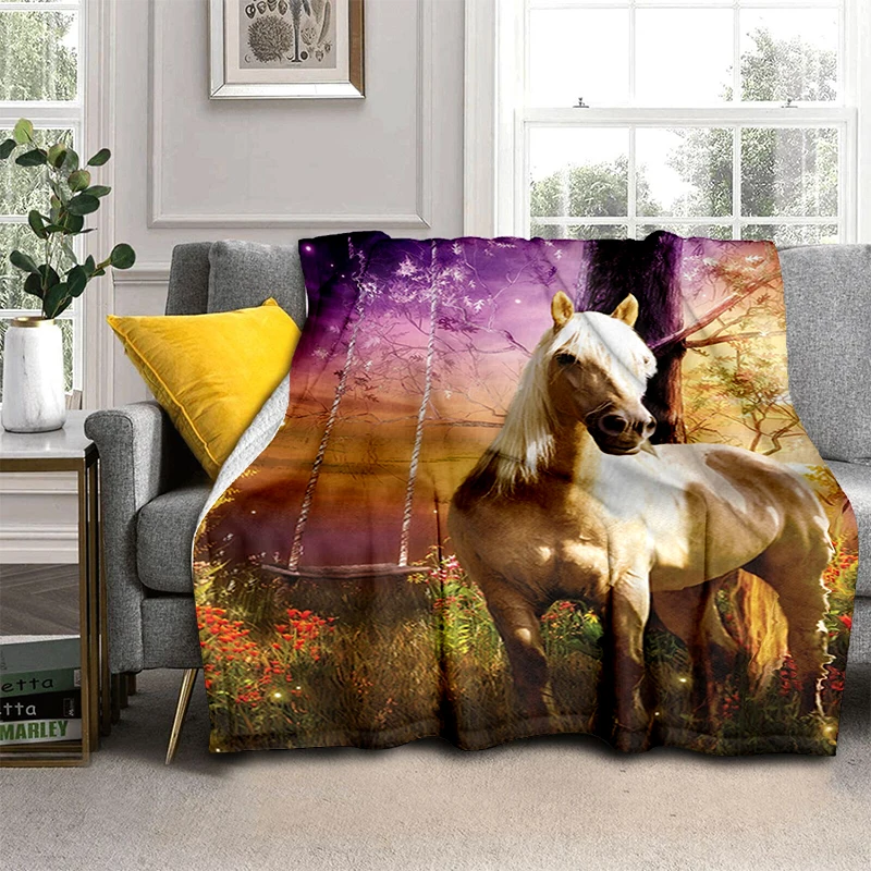 

White Horse Pattern Flannel Throw Blanket All Season Bed Sofa Couch Soft Lightweight Warm Kids Adults Sunset Lightning Unicorn
