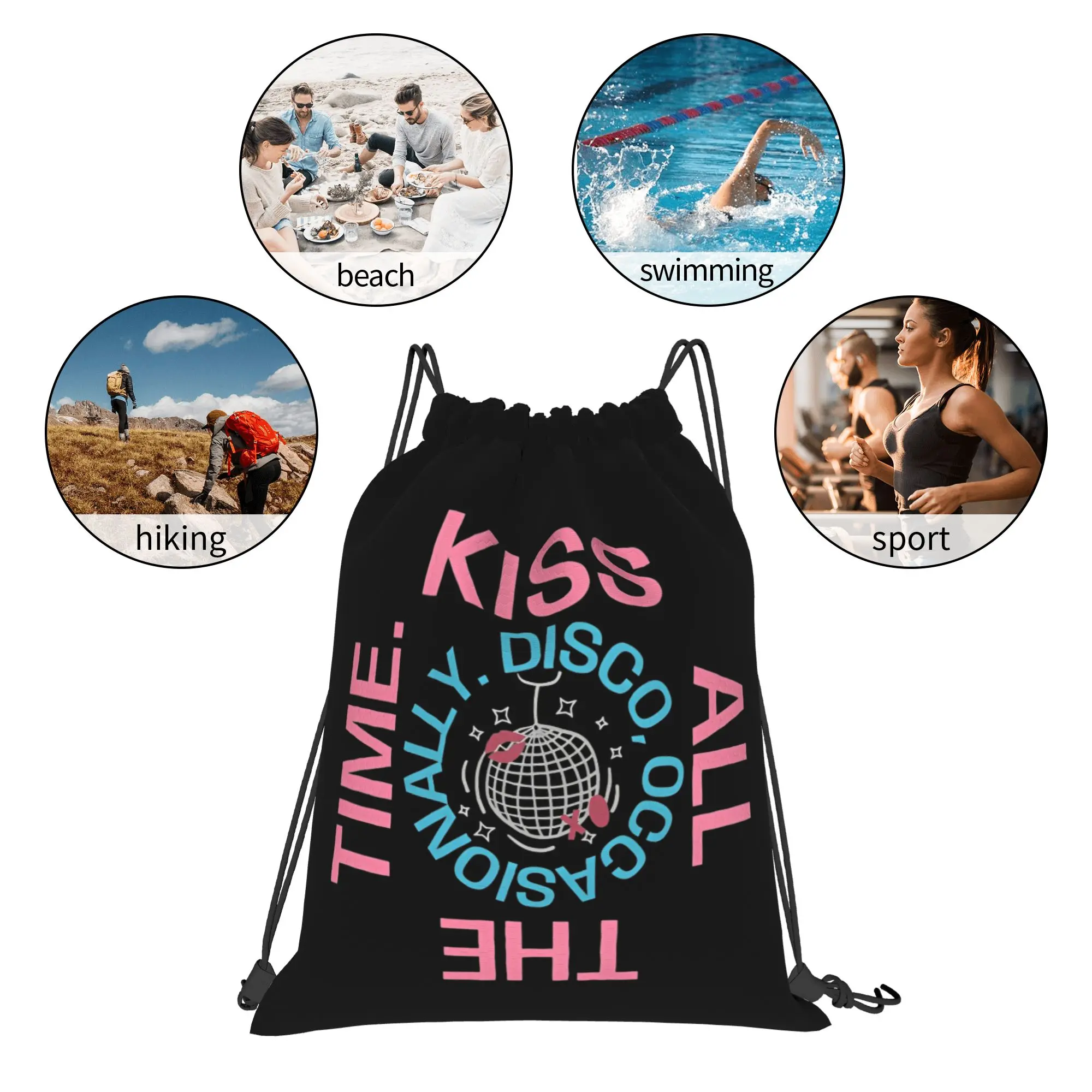 Фото Спортивная сумка-мешок Kiss All The Time Disco Backpack с завязками, в стиле Харрис, для спортзала и путешествий, 36 см (Ш) x 43 см (В) №5