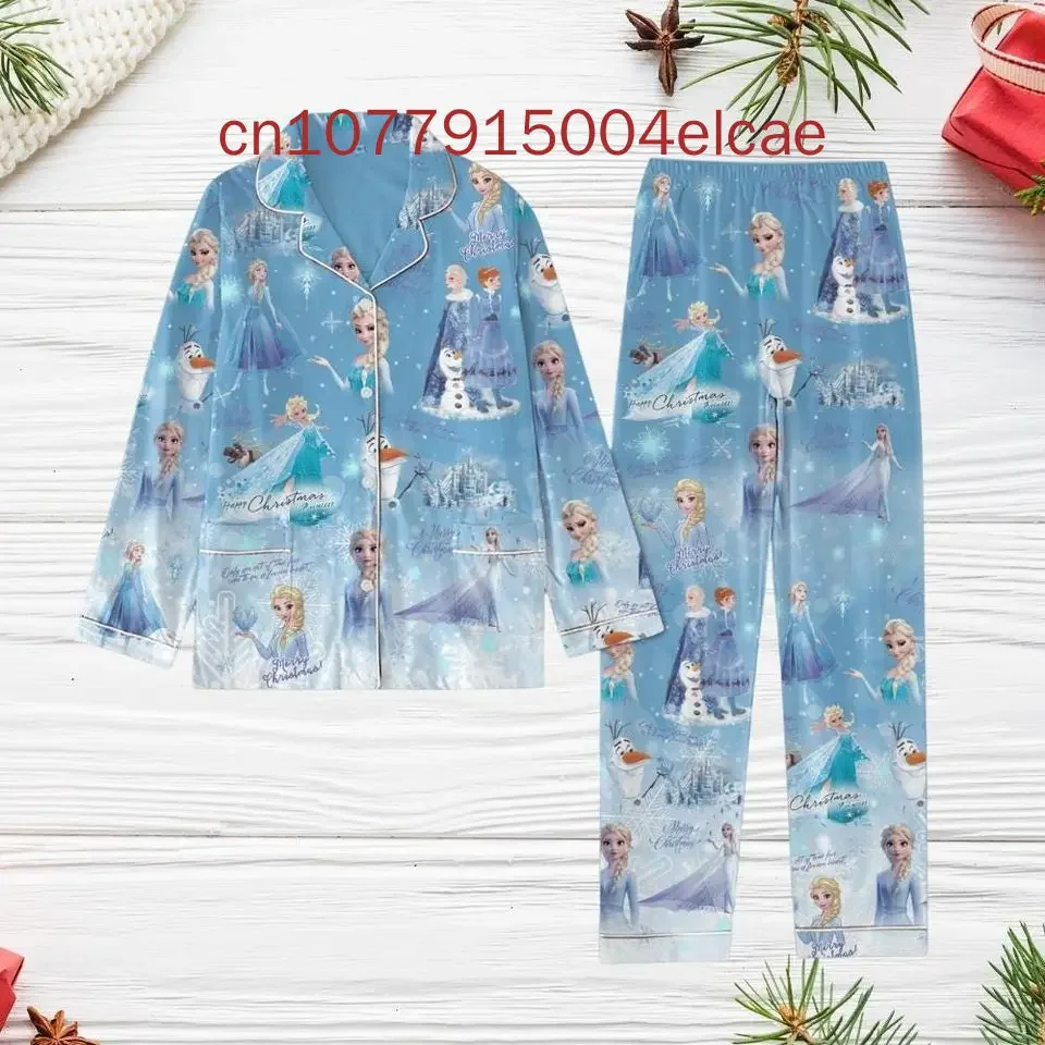 Disney Frozen Elsa Christmas Pajamas Set 2024 New Fashionable and Casual Men's Women's Long Sleeved Shirts