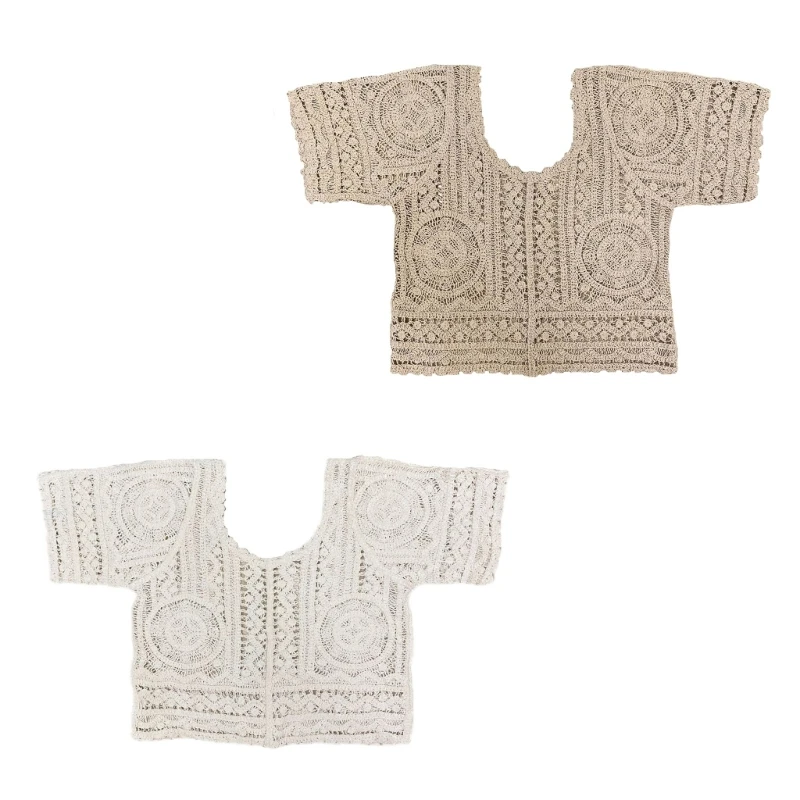 

Женская вязаная легкая футболка с коротким рукавом, укороченный топ, однотонная Свободная блузка с геометрическим узором и вырезами, накид...