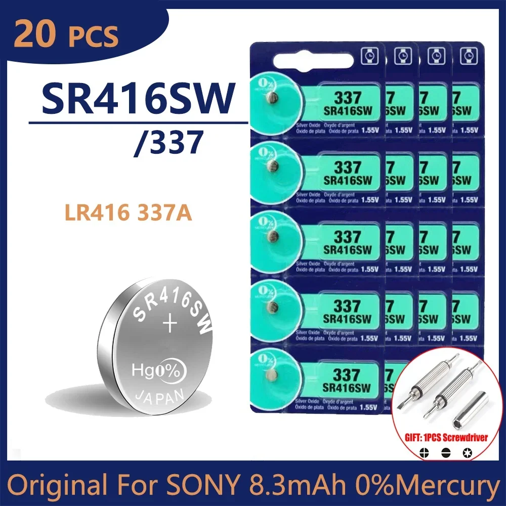 Фото 20 шт. Оригинальный аккумулятор для SONY 337 sr416sw, кнопочные батареи 1,55 в, серебристый оксид, аккумулятор для беспроводных мини-наушников и часов №1