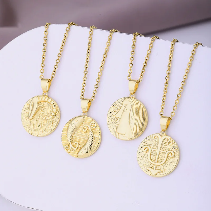 

Delicate Zodiac Necklace Stainless Steel Chain Necklaces for Women Medallion Coin Pendant Constellation Birthday Jewelry