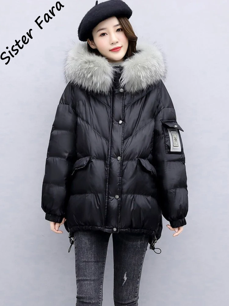 

Sister Fara Winter Women 90% White Duck Down Jacket Thick Warm Parkas Big Fur Collar Snow Side Zipper Parka Hooded Down Coat