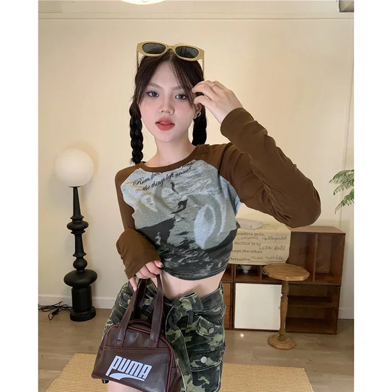 Осенняя винтажная футболка женские узкие лоскутные укороченные топы футболки с