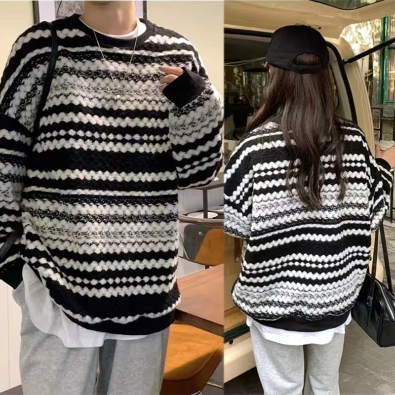 

Long Sleeve Oversized Loose Sweater Women Streetwear Vintage Black White Striped Pattern Harajuku Pullover Jumper Shirts