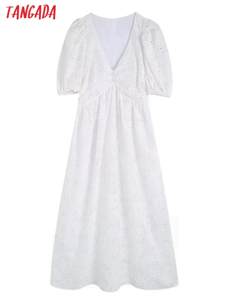 

Tangada 2022 summer women white embroidery long dress short Sleeve Ladies Sundress BE506