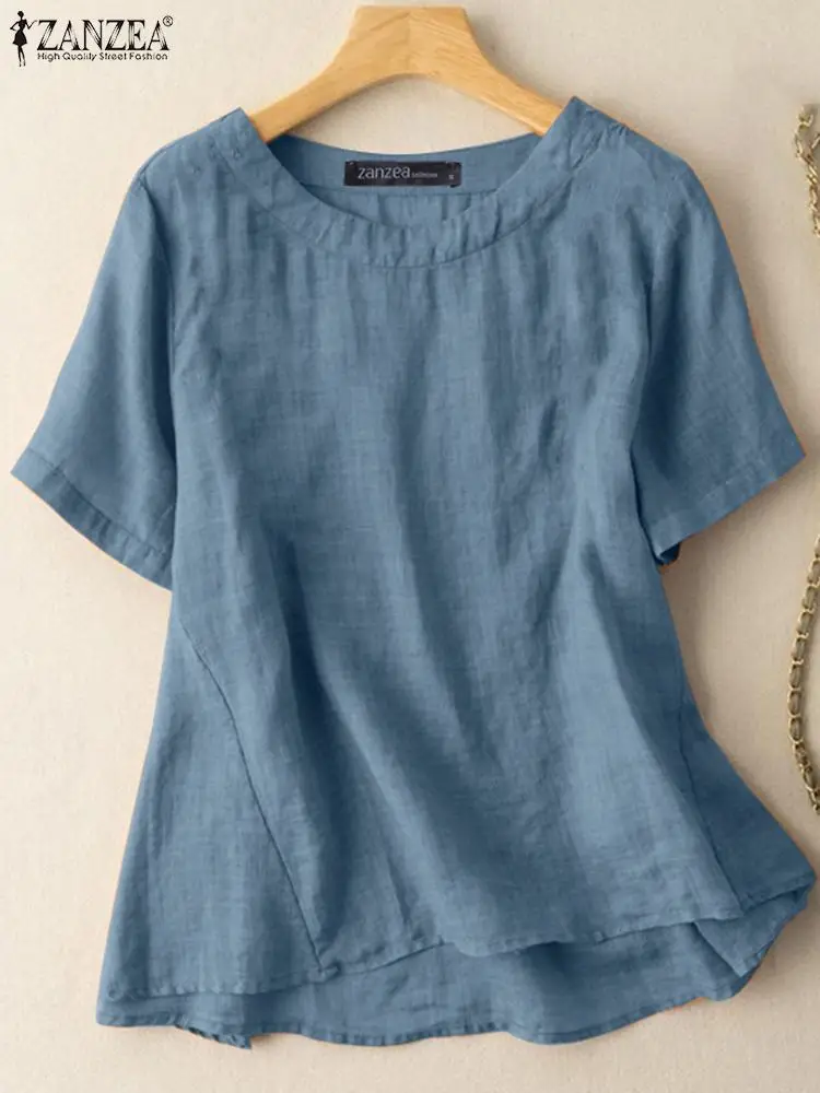 

Women Fashion O Neck Solid Loose Blouse ZANZEA Summer Casual Short Sleeve Tops Vintage Cotton Shirt Tunic Female Blusas Chemise