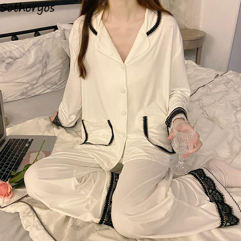 Sexy Lace Spring Pajama Sets Women Plus Size M-3XL Chic Elegant Tender Patchwork Long Sleeve Pockets High Waist Sleepwear Soft