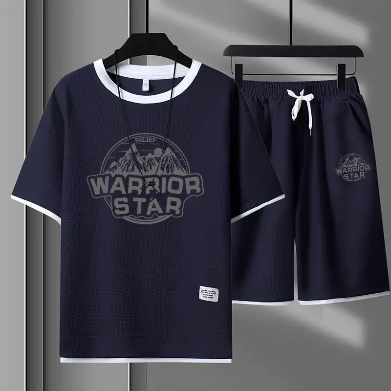 Summer New T-shirt Men's Short Sleeve Waffle Korean Style Loose Youth Handsome Shorts Casual Two-Piece Suit Fashion