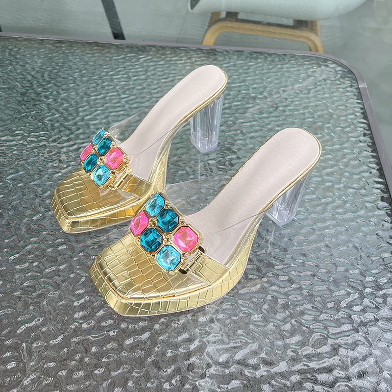 2023 Women's Summer High Heel Slide Mule Lady Cinderella Crystal Diamond Transparent Slippers Sandals Transparent High Heels