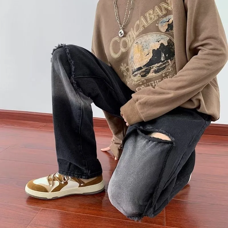 Summer Ripped Black Jeans Men Fashion Retro Casual Straight Jeans Men Streetwear Hip Hop Loose Hole Denim Pants Mens Trousers
