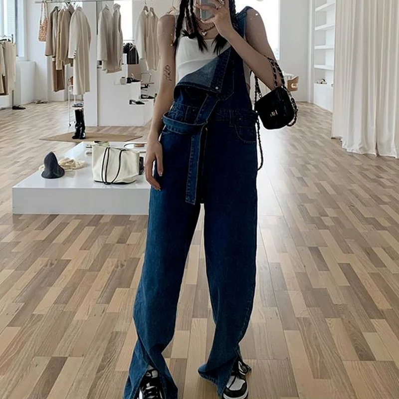 Jumpsuits Women Denim Spring Stylish Simple Harajuku Slide-split Basic Pockets Femme Ins Cowboy Hipster High Waist Loose Mopping