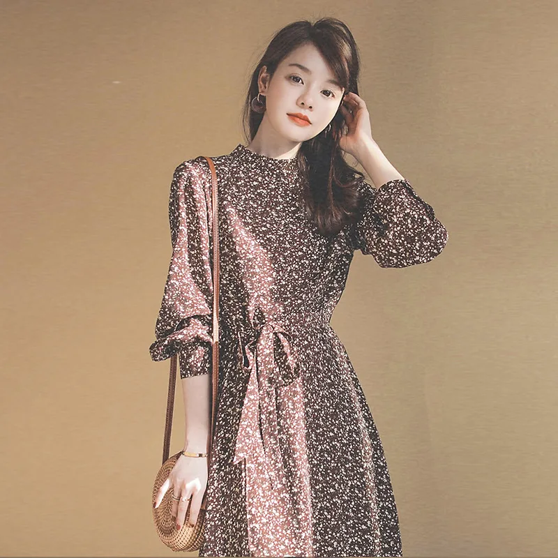 

women fall winter floral print dress Cottagecore Temperament floral dress French vintage plus velvet long dress all-Math dresses
