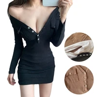 woman v neck mini dress cotton korean vintage low cut elastic spring button slim white black long sleeve sexy club clothes