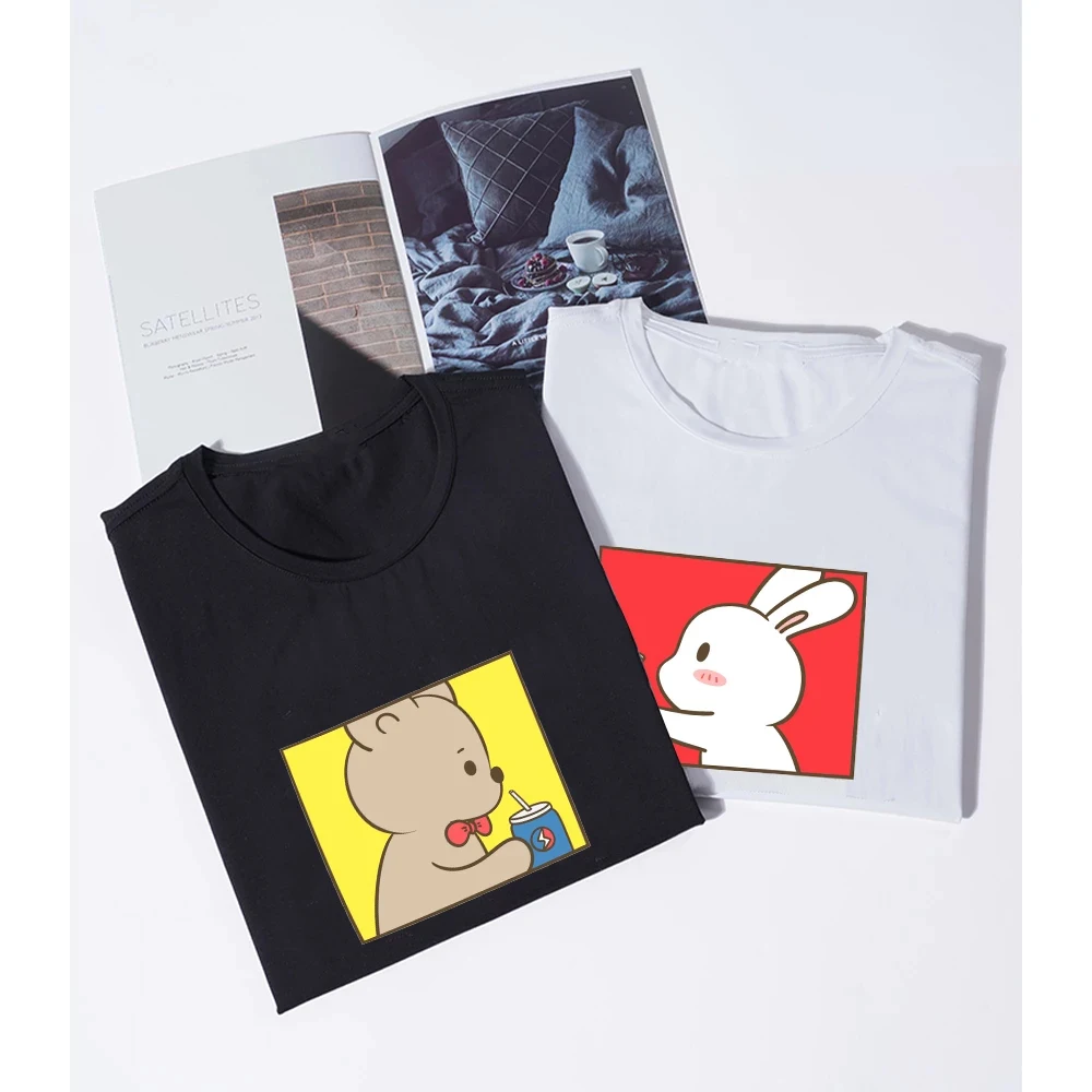 

Летняя новая парная футболка для мужчин и женщин, хлопковая дышащая Футболка с принтом медведя роббета, модные Универсальные повседневные ...