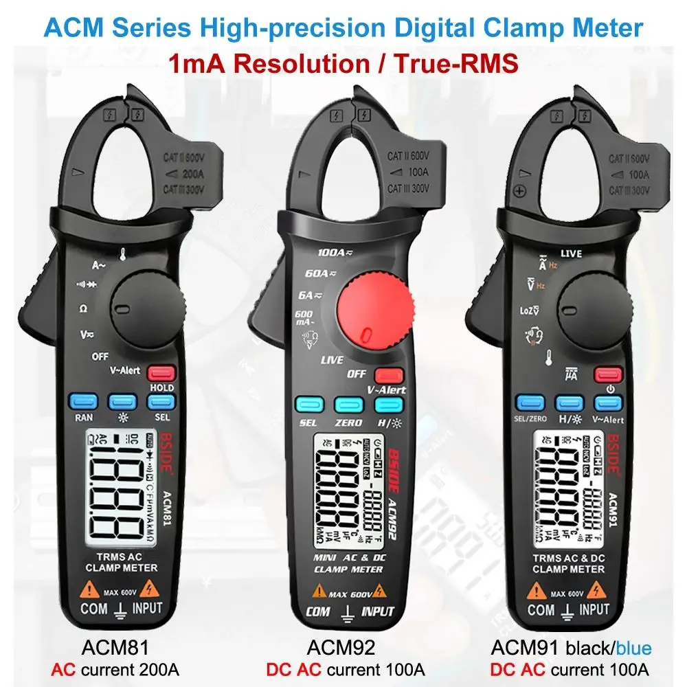 

BSIDE Digital Clamp Meter T-RMS 1mA High Precision DC AC Ammeter Multimeter Car repair Current Volt Temp Capacitor Ohm Hz Tester