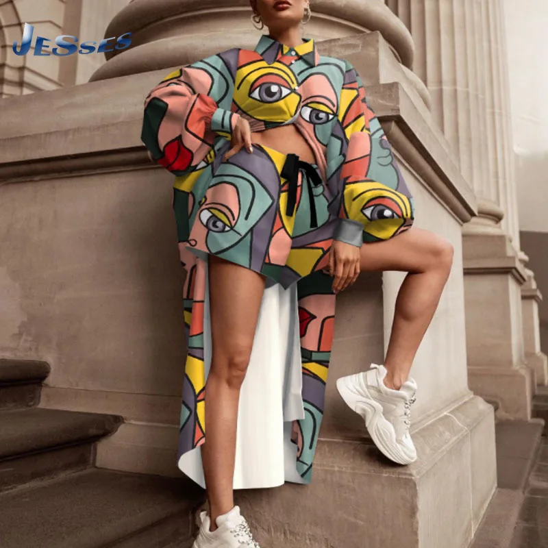 

Comic Face Print Long Shirt And Lace-up Shorts Two-pieces Suit Spring Long-sleeved Top Tracksuit For Women 2XL Outfits