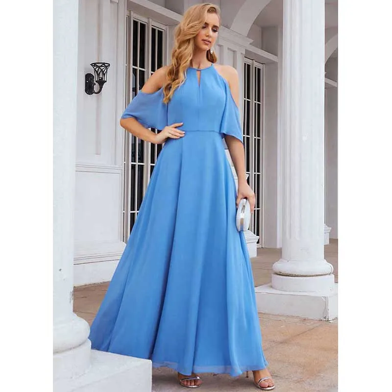 

Женское шифоновое платье-трапеция, синее элегантное праздничное платье на молнии с круглым вырезом, без рукавов и до щиколотки, 2023