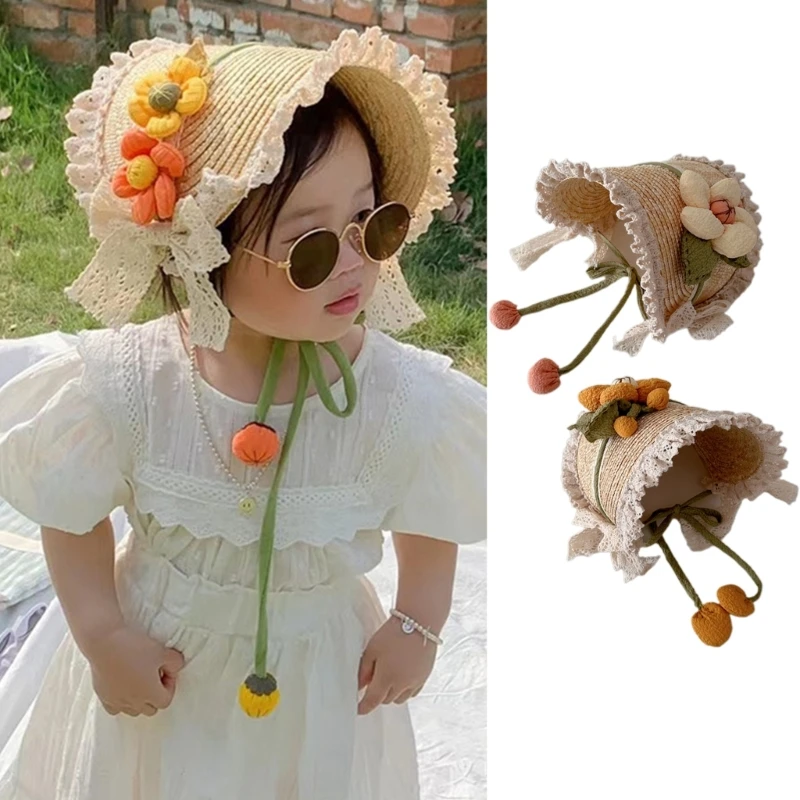 

French Style Girls Princess Hat Children Sun Hat Ruffle Lace Bonnet Soft Brim Handwoven Straw Hat Child Summer Headwear A2UB