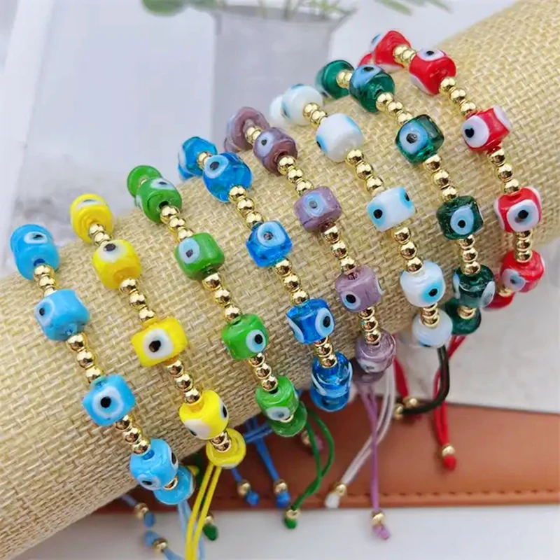 

8Pcs Bohemia Dainty Gold Plated Copper Beads Colored Glass Turkish Evil Eye Adjustable Bracelets for Women Jewelry