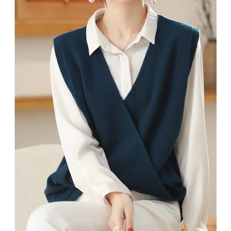 Two Wearing Pure Wool Knitted Vest Cardigan Women's Loose Cross V-Neck 2022 Autumn And Winter New Style Sleeveless Outer Wear