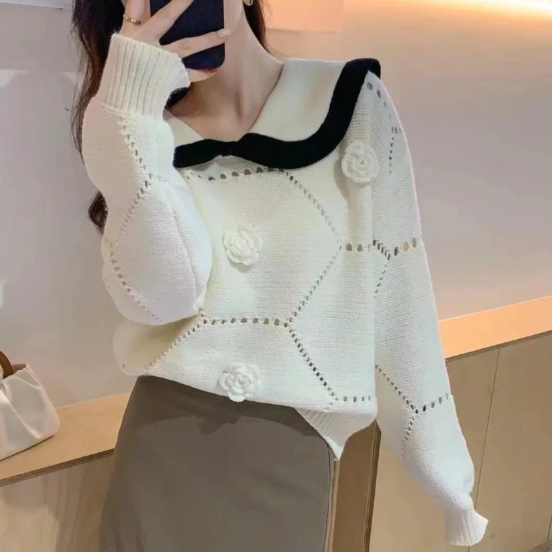 

DAYIFUN Doll Neck Sweaters Knitwear Women's French Chic Vintage Sweet Turn Down Collar Pullover Sweater Autumn Loose Knitted Top