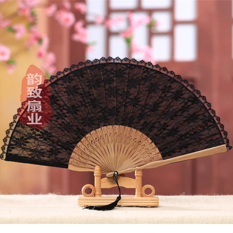 

Women's with Cheongsam Dance Small Folding Fan Black Lace Ancient Style Classical Retro Hanfu Folding Chinese Style Fan