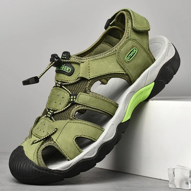 Мужские сандалии на плоской подошве из высококачественной кожи с круглым носком