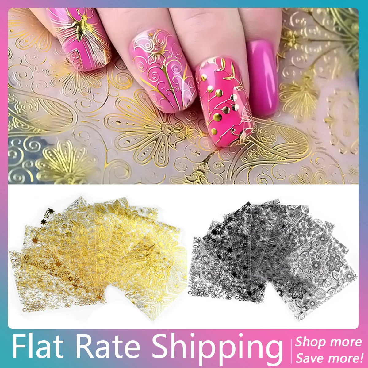 Flat Rate Shipping 8 Pcs/pack Embossed 3D Metallic Nail Stickers Gold Silver White Black Adhesive Nail Art Decoration Tool
