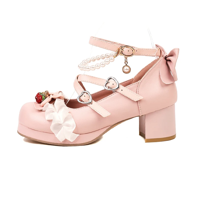 

Mary Janes Shoes Women's 2023 New Japanese Lolita Princess Pink Pearls Ankle Strap Bowtie Ruffles Wedding Cosplay Uniform Pumps