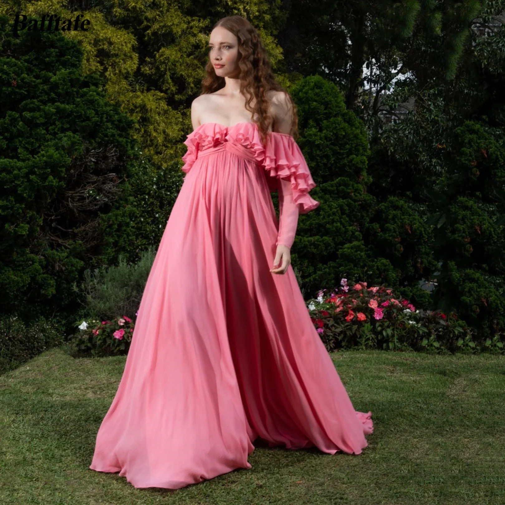 Женское шифоновое платье с длинным рукавом открытыми плечами