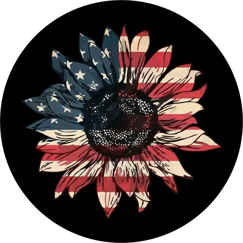 

Vintage Sunflower American Flag (COLOR) Spare Tire Cover for any Vehicle, Make, Model and Size - Jeep, RV, Travel Trailer, Campe
