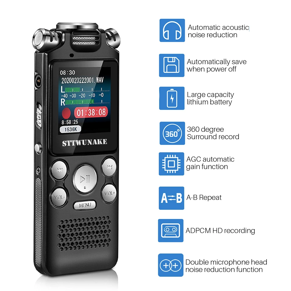 

Professional Digital Voice Recorder Two-Way Mic 8G 16G 32G Dictaphone Voice Activated Noise Reduction PCM WAV Record MP3 Player
