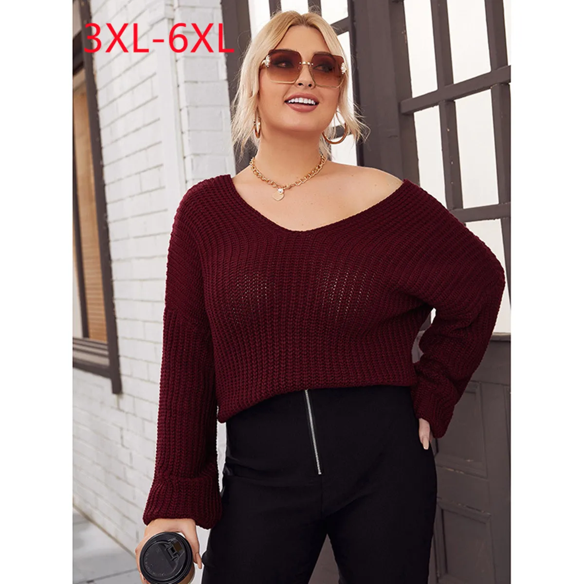 

New 2022 Ladies Winter Plus Size sweater For Women Large Size Long Sleeve V-neck knitting black Tops 3XL 4XL 5XL 6XL